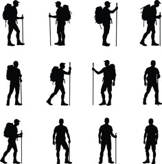 Naklejka premium Twelve silhouettes of hikers with backpacks and trekking poles