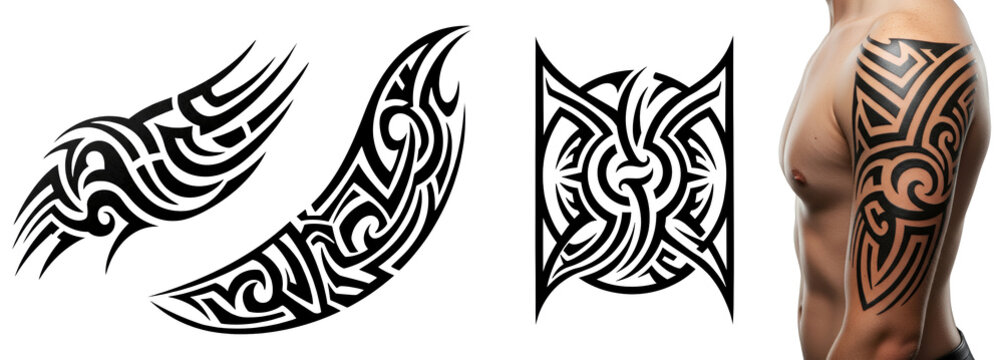 Tribal tattoo designs displayed on arm and isolated on transparent background  