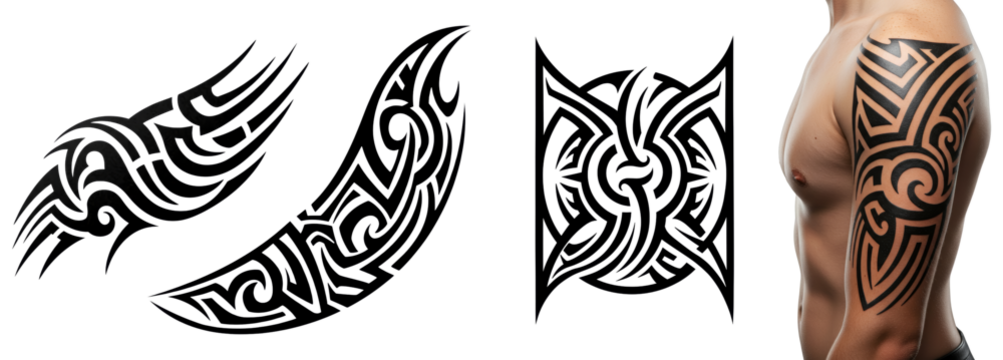 Tribal tattoo designs displayed on arm and isolated on transparent background  