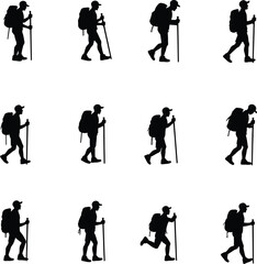 Obraz premium Nine silhouettes of hikers with backpacks and trekking poles