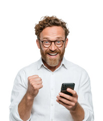 Celebrating success happy man with smartphone portrait joyful isolated on transparent background