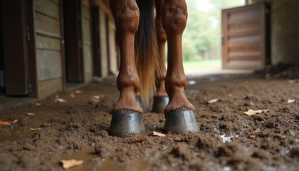 Close-up of horse hooves in muddy stable. Focus on horse legs, mud, and detail. Autumn rural scene. Horse hooves detail in dirt. Horse leg. Farmland, animals concept.