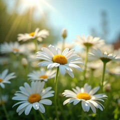 Fototapeta premium White daisies with yellow centers bloom in garden under clear sky. Green grass, natural light make fresh look. Sunny day. Floral close-up, macro, bright colors. Summer vibe.