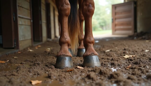 Close-up of horse hooves in muddy stable. Focus on horse legs, mud, and detail. Autumn rural scene. Horse hooves detail in dirt. Horse leg. Farmland, animals concept.