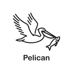 Pelican Bird Flying with Fish in Beak Line Art Illustration