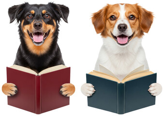 Two happy dogs reading books while smiling on transparent background  