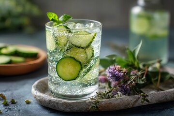 Icy cucumber and mint drink with sparkling water, served in a sleek tall glass, natural herbs and stone tray complete the fresh scene.