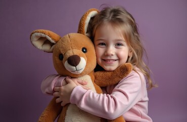 Smiling adorable girl hugs kangaroo plushie on purple background. Happy child embraces soft toy, expressing joy and affection. Warm childhood memories of family love care.