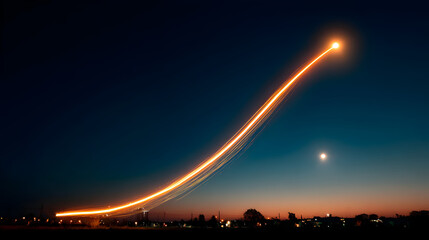 A long exposure shot of a light trail against a dark blue and orange sky at dusk above a town skyline