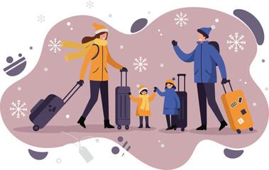 Family with children travelling together in winter clothing with suitcases and snowflakes around cheerful scene 