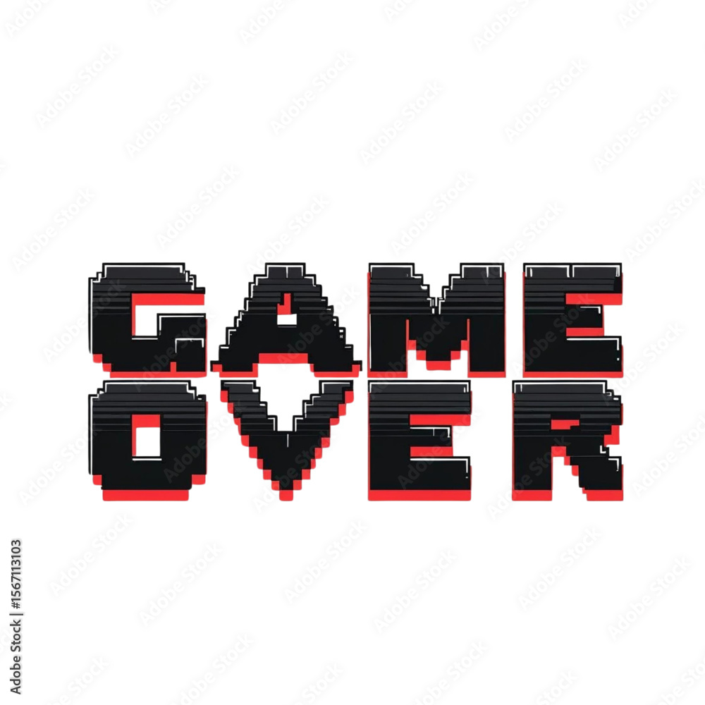 Poster Pixelated retro arcade style game over screen design for gamers and video game enthusiasts and developers on transparent background