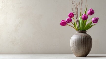 Vase holding willow branches and tulips displayed indoors with blank space for text