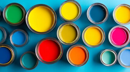 Vibrant paint cans and color palettes arranged on a bright background, flat lay