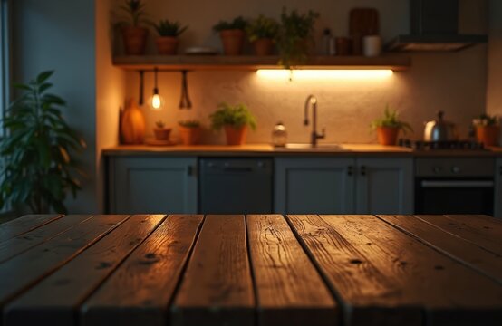 Wooden table in a cozy kitchen at night, wooden texture foreground. Warm home interior with modern kitchen design. Background space for food product placement. Rustic style ambiance.