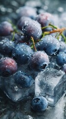Chilled blueberries arranged on clear ice cubes, metal tray underneath, macro focus with condensation detail.