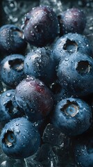 Macro overhead of blueberries and ice on metal surface, covered in droplets, styled in icy cool palette.