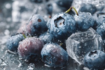 Macro photo of frozen blueberries and melting ice on silver tray, cold color grading and refreshing texture.