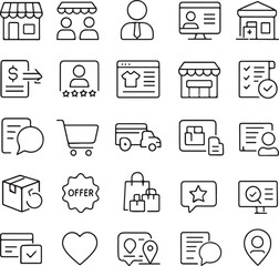 A collection of modern outline icons representing various e commerce and business concepts including shops customers and delivery services