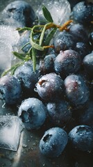 Icy blueberries on scattered ice cubes, overhead macro on metallic surface with droplets and blue-toned lighting.