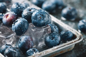 Close-up top view of frosty blueberries on ice, resting on a wet metal tray, styled in cool, refreshing tones.