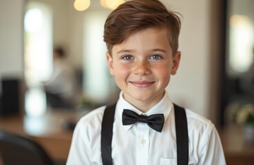 Young Caucasian boy in formal attire with bow tie smiling at camera in hair salon interior. Boy wears white shirt with suspenders. Classic, neat, trendy haircut, looking poised for occasion.