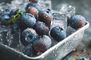 Frozen blueberries scattered over ice cubes on a metal tray, macro overhead shot with water droplets and cold blue tones.