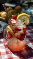 Fruity summer lemonade with strawberries and lemon wheels, served in rustic mason jar with striped straw on picnic cloth.