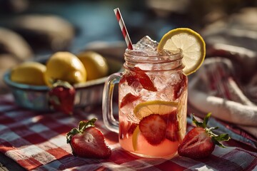 Sweet and cold strawberry lemonade with lemon slices and ice, served in mason jar on a picnic table under sun.