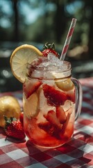 Iced strawberry lemonade in mason jar with colorful straw and fruit slices, set on checkered cloth in natural sunlight.