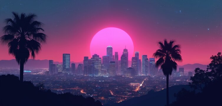 Los Angeles city skyline with neon lights at sunset. Palm trees silhouettes frame skyscrapers in vibrant evening cityscape. Urban landscape, futuristic design, retro 80s synthwave art.