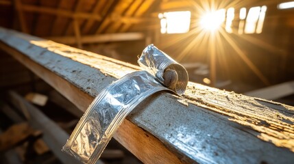 Obraz premium Roll of Aluminum Foil on a Wooden Beam with Sunlight in a Barn