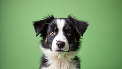 Portrait of a serious, attentive border collie puppy looking directly at camera. Isolated on a green background. The puppy has black and white fur. Focused eyes. Studio shot, adorable pet, canine.