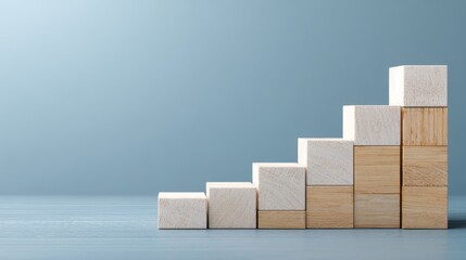 Obraz premium Wooden blocks in staircase formation on blue, minimalist composition symbolizing growth and progress 