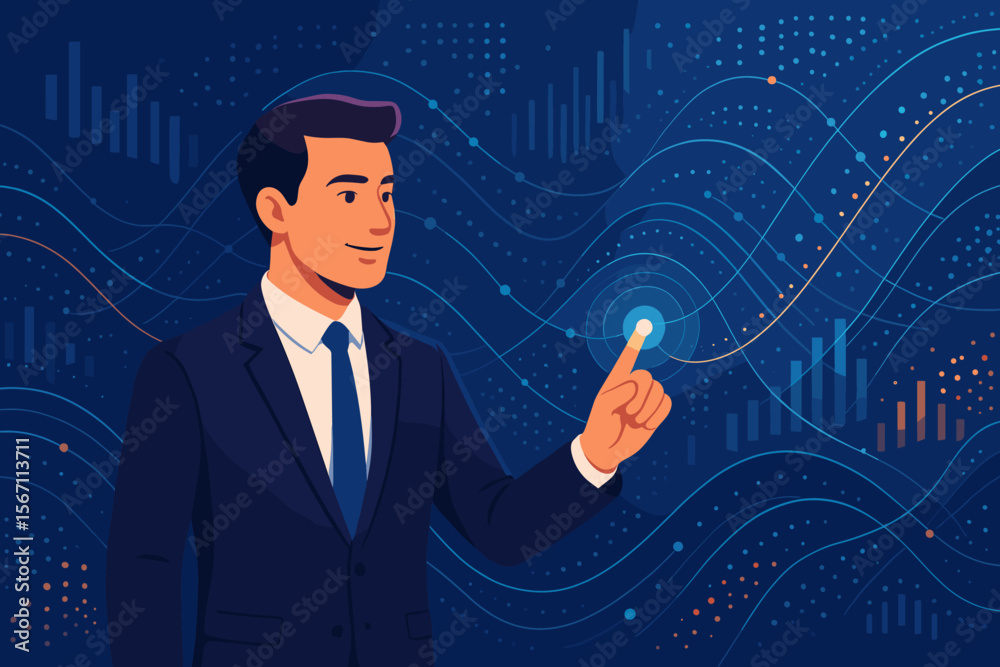 Poster businessman touching glowing point on a big data visualization interface. digital data flow, financi