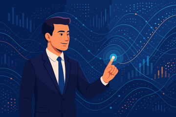 Businessman touching glowing point on a big data visualization interface. Digital data flow, financial analysis, and statistics. Futuristic business, technology innovation concept.