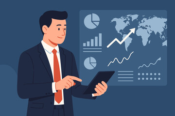 Businessman in Suit Using Tablet, Analyzing Global Sales Data and Business Growth on Digital Interface, Business Strategy, Global Market Trends, Digital Marketing, Modern Flat Vector Illustration