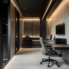 Modern minimalist home office with sleek design and ambient lighting