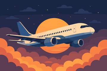Airplane Flying Above Colorful Clouds at Sunrise, Modern Vector Illustration, Commercial Jet, Sunset Sky, Travel Concept, Aviation, Passenger Aircraft, Flight, Journey, Adventure, No Text