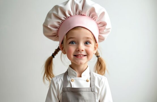 Portrait cute little girl dressed in chef hat and apron. Smiling child ready to cook in kitchen. Happy kid smiling. Cooking classes or culinary projects at home.