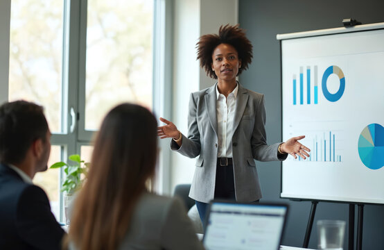 Confident African American businesswoman presents project plan to team. Speaker gives seminar, training with charts, graphs. Modern office background. Diverse employees listen, corporate meeting.