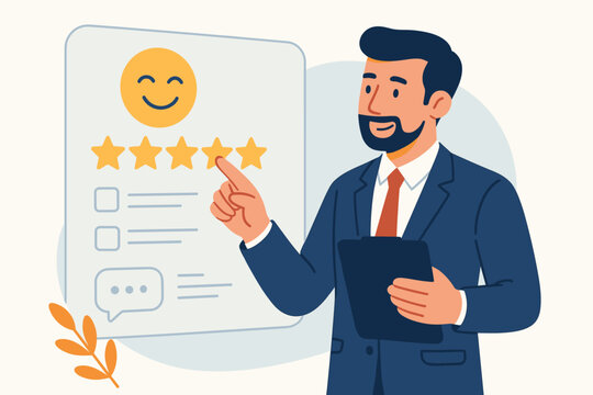 Customer satisfaction survey concept. Businessman giving five star feedback for excellent service. Positive review for quality work. Client experience evaluation with happy emoji icon.