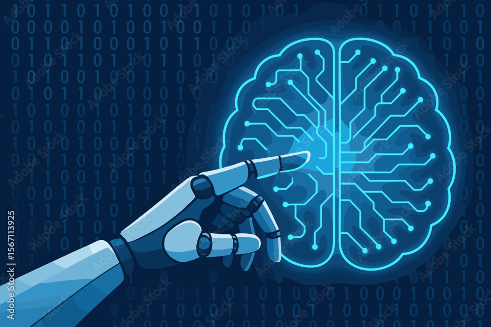 Poster machine learning and artificial intelligence concept. robotic hand touching a digital brain with bin