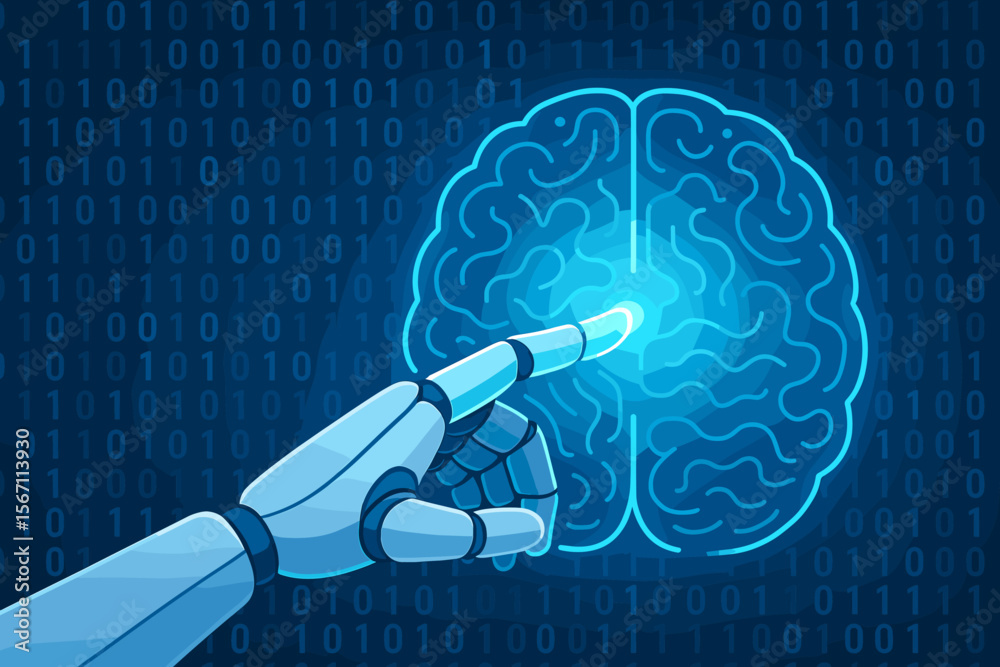 Poster robot hand touching glowing brain icon on binary code background. concept of artificial intelligence