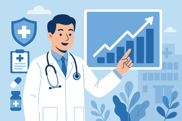 Doctor pointing at a business data growth chart. Health insurance, healthcare business graph and medical examination concept. Medicine, finance, and investment in the medical industry.
