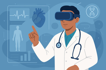 Futuristic Doctor Using Virtual Reality Glasses for Patient Diagnosis, Medical Simulation, Health Data Analysis, Innovation, Science, Technology, Digital Healthcare, Human Anatomy, Heart Monitoring
