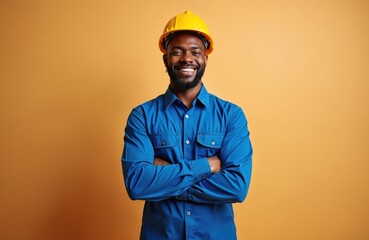 Portrait young black construction worker man wearing blue uniform and yellow safety helmet. Happy african american engineer smiles confident with arms crossed. Smiling, positive, successful employee.