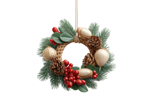 PNG Festive christmas wreath with pinecones, red berries, and golden ornaments
