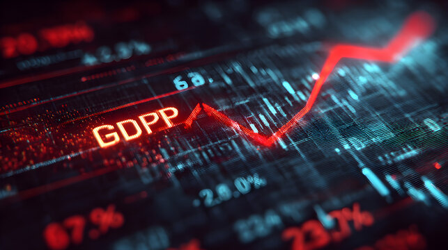 A close up of a financial graph showing a red line and the word gdpp in bright red letters - Powered by Adobe