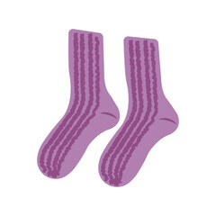 Cozy purple knitted socks vector illustration in flat style. Hand drawn art perfect for autumn banners posters and social media seasonal design