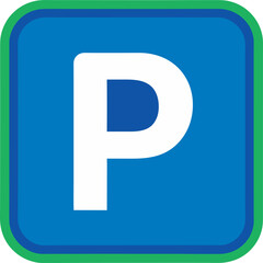Bright Blue Parking Sign:  Bold White 'P', Green Border, Modern Design, App Icon,  Clean Minimalist Style. isolated on a white background